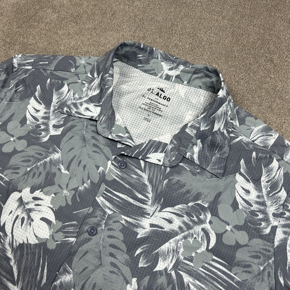 01.Algo Performance Button Up Shirt Sz Large Palm Leaves AOP UV Wicking Stretch